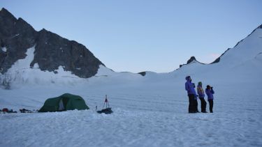 Members of the Ala Archa Glacier Expedition looking across the glacier