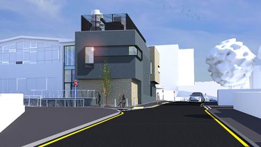 A computer generated concept art of the MRI-PET facility exterior.