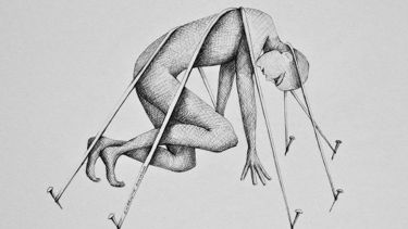 Sketch of man trapped under ropes