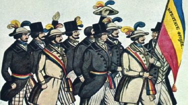 People in Bucharest during the 1848 events, carrying the Romanian tricolor