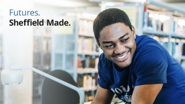 Text: Futures, Sheffield Made: Image, student receiving support with an application