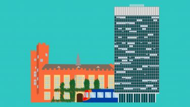 Graphic depicting the Arts Tower, Firth Court and a Sheffield tram