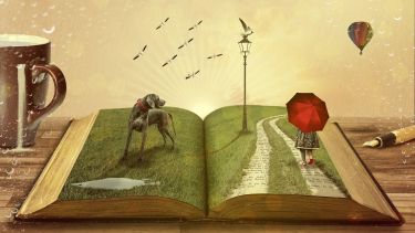 A drawing of a book, lampost and dog with girl and umbrella