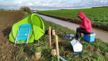 Scientist collecting ground water samples in a field