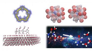 Image describing 4 research areas in the Theory Group. Clockwise from top-left: Ring-currents in porphyrin [(c): Patrick Fowler and Erich Steiner], Electrostatic potential mapped onto electron density for copper helicate complexes [(c) Grant Hill], Formation of Urea in the interstellar medium [(c) Anthony Meijer & Eren Slate; Background-image: Sgr B2 (c) ESO/APEX & MSX/IPAC/NASA], Binding of Pectin on alumina [(c) Natalia Martsinovich & Aneesa Ahmad]
