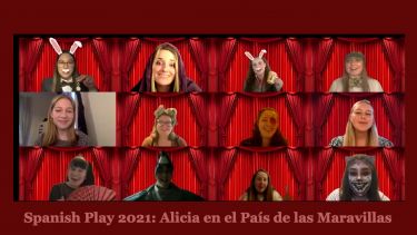 12 images of student actors before a red theatre curtain background