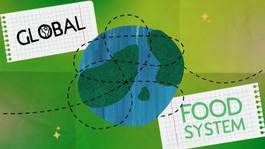Illustration of globe and the words "global food system"