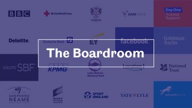 The Boardroom logo, with a selection of organisation logos behind
