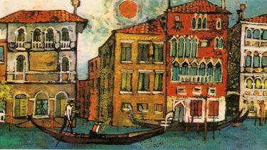 Artwork of a gondola on a canal