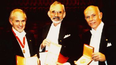 Harry Kroto, Robert Curl and Richard Smalley with their Nobel prize