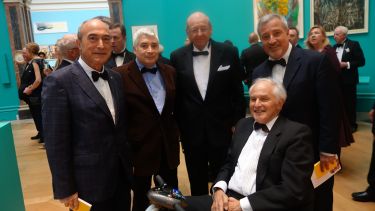 Sir Harry Kroto with Nazario Martin, Humberto Terrones, Fred Wudl and Mauricio Terrones at the RA Summer Exhibition, July 2015.