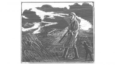 A linocut of a man working in a field