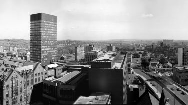 An picture of the Sheffield skyline in 1978 showing the Arts Tower and the Firth Court along with the road above the University Concourse. 
