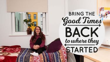 Female student sat on bed with logo that reads bring the good times back to where they started