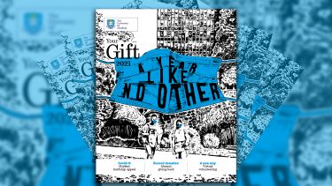 The cover of Your Gift 2021 featuring a illustration of students walking through Weston Park in front of the Arts Tower