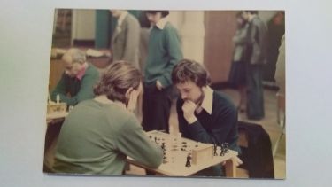 A photograph from the 1970s of two chess players deep in thought