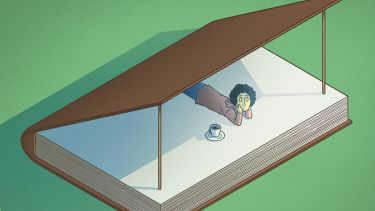 An illustration of a person looking lonely lying inside a book