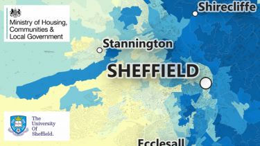 A map showing Sheffield, with the Ministry of Housing, Community and Local Government logo and the University of Sheffield logo.