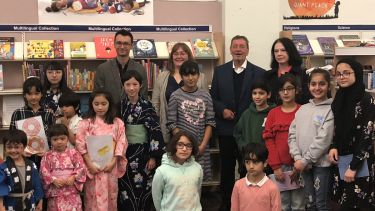 Launching the multilingual children’s library in 2018 with Lord David Blunkett and Councillor Mary Lea, Sheffield City Council
