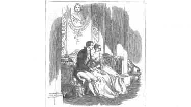 An old illustration of Henry Holford listening to a woman he is sitting next to.
