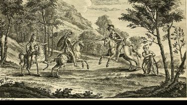 Two knights on horseback in a glad face one another with spears in hand