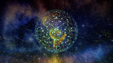 An image of the globe with bright green dots and lines across the surface depicting digital networks.