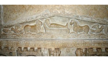 An image of the earliest nativity scene in art, from a fourth century Roman-era sarcophagus.