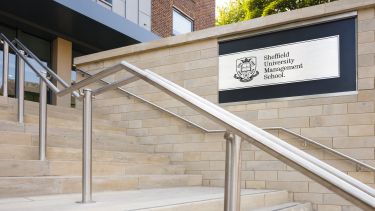 A photograph of the front steps at the Management School