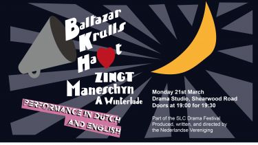 Poster in dark colours with a red heart and a yellow moon announcing the a play
