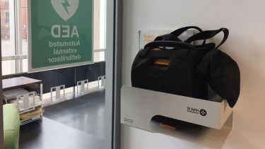 A photo of the Arts Tower lobby showing the location of a defibrillator.