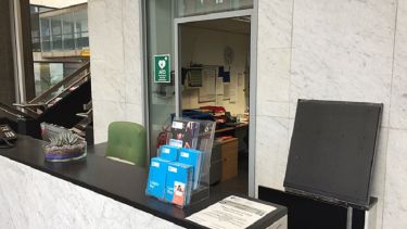 A photo of the Arts Tower lobby showing the location of a defibrillator.