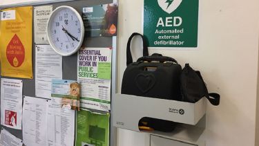A close-up of the automated external defibrillator in the ELTC.