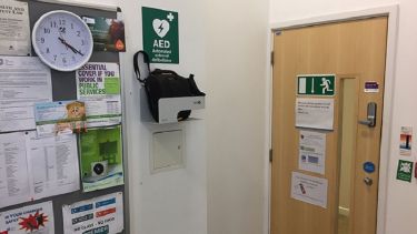 A photo showing the location of a defibrillator in the ELTC.