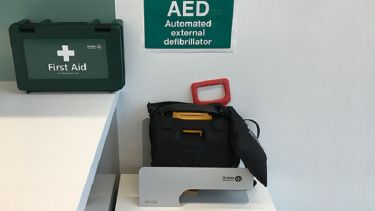 A close-up of the automated external defibrillator in the Royce Centre.