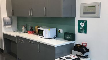 A photo of the Royce Centre showing the location of a defibrillator.