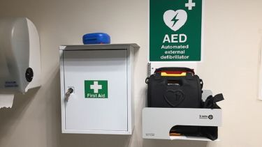 A close-up of the automated external defibrillator in the Students' Union.
