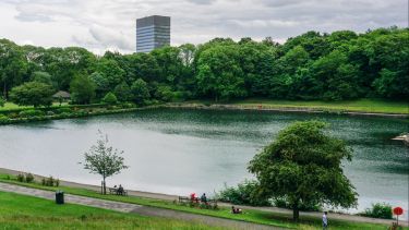 a Sheffield park with a large lake in it - crookes valley park - overlooked by the Arts Tower