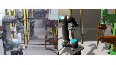 Image of real life machinery (left) and the digital twin simulation (right)