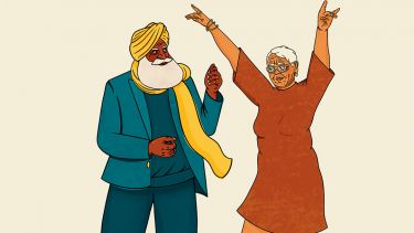 Cartoon of an older man and woman dancing. The man is wearing a turban and the woman has short white hair and glasses.