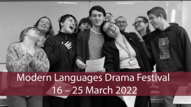 Announcement Drama festival, Black and White poster with students all looking lovingly at central figure
