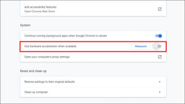 Screenshot of a settings menu in Google Chrome. The option "Use hardware acceleration when available" is highlighted
