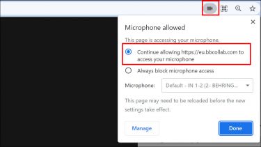 Screenshot of Google Chrome. The webcam icon and text "Continue allowing https://eubbcollab.com to access your microphone" is highlighted