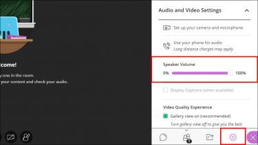 A screenshot of audio and video settings in Blackboard Collaborate. The "Speaker Volume" option is highlighted.