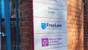 The sign at the entrance to Bartolomé House, listing the Miscarriages of Justice Review Centre