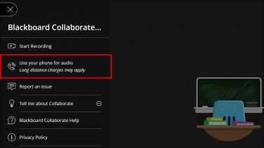 Screenshot of Blackboard Collaborate with the option "Use your phone for audio" highlighted in red.