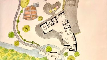 Holly's work (first image shows a site plan, with a site located by the river, showing parking and open space by the river as well as the dwelling)