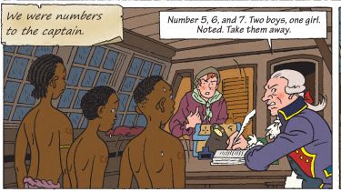 A sample of the graphic novel showing people being kidnapped and transported to the Caribbean