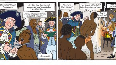 A sample of the graphic novel showing people being sold as slaves