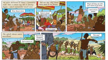 A sample of the graphic novel showing people being kidnapped before being sold as slaves