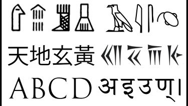 An image of different alphabets and scripts, including hieroglyphics, the Latin script, and Chinese
